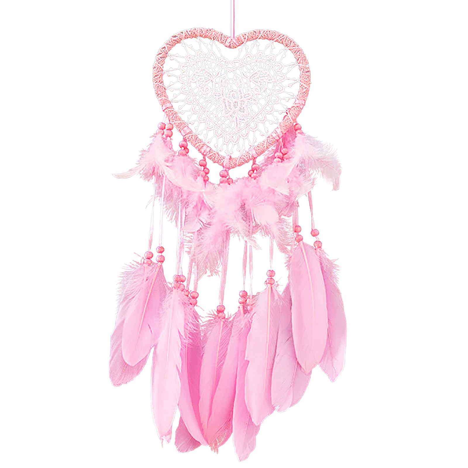 Pink Dream Catcher,Lovely Heart Shape Dreamcatcher Handmade Lace Dream Catcher Feather Bead Wall Hanging Boho Woven Art Ornament Gift Craft Dreamcatcher Wind Chimes for Bedroom Decor