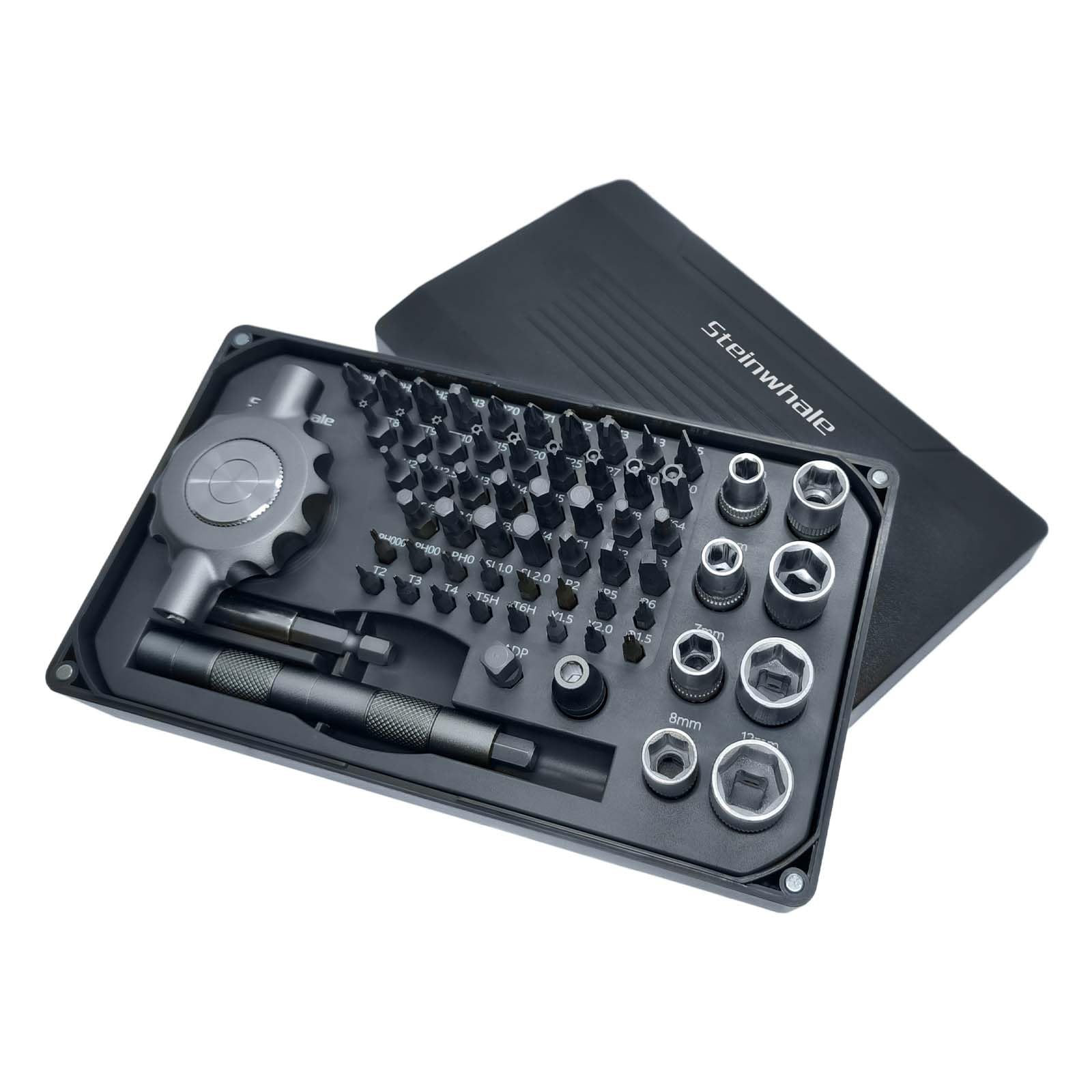 Steinwhale 64 in 1 Gearless Ratchet Screwdriver Bit Set, Ultra Smooth Operation, Flat Handle for Tight Spots and High Torque, Magnetic Assembly, 58pcs 1/4 inch and 4mm S2 Steel Bits for Versatile Use