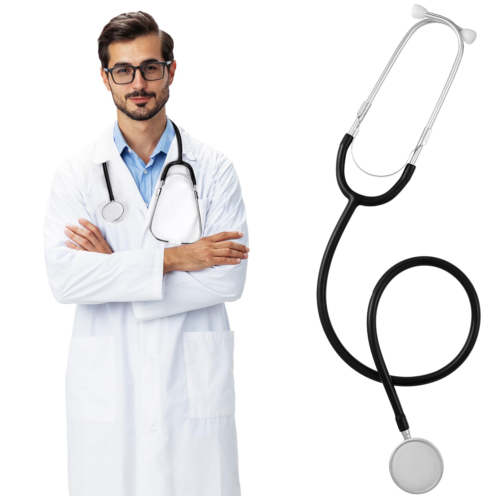 Photo 1 of Women Men Doctor Lab Coat Costume Set Halloween Cosplay White Scientist Coat with Dual Head Stethoscope, Adults Unisex(2xl)