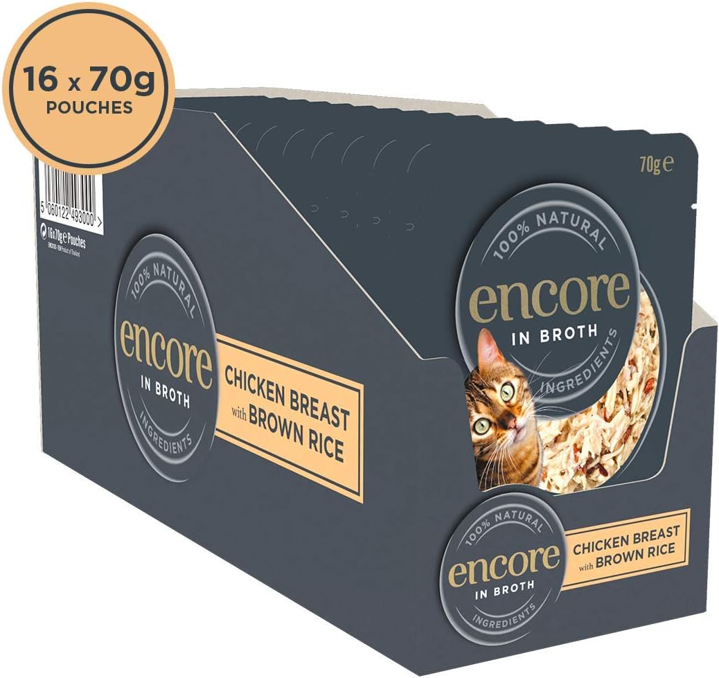 Encore 100 Percent Natural Cat Food, Pouch Chicken & Brown Rice in Broth 70g (16 x 70g Pouches), 70 g (Pack of 16)