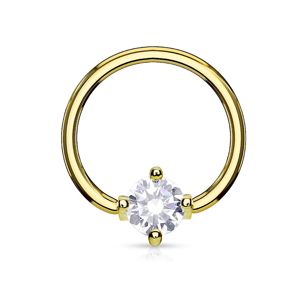 PiercedOff Gold Tone IP over 316L Surgical Steel 1.6mm BCR with a 5mm Round Clear CZ Ball - Ring Size 12mm