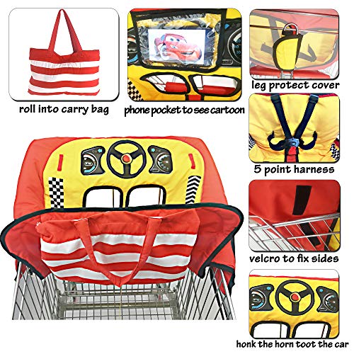 Gift Box Packing, 2-in-1 Shopping Cart & High Chair Cover for Baby with Portable Bag ✮ 5 Point Safety Harness System ✮ Universal Fit All Shopping Cart Seats&Restaurant Highchairs ✮ Cute Car (Red) - Thumbnail 2