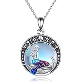 LUHE Mermaid Necklace Jewelry Gifts Sterling Silver Sea Mermaid Crescent Moon and Star Necklace with Flower Pendant Birthday Gifts for Daughter Women