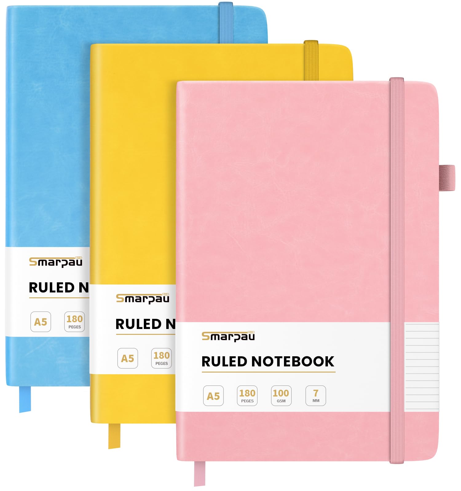 Smarpau Notebooks A5, 3 Pack Lined Journals with 100gsm No Bleed Paper, 540 Pages Hardcover Journal Notebook for Women Men Writing, 14.5 x 21cm - Pink Yellow Blue