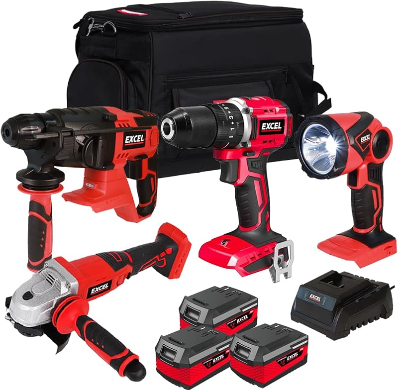Excel 18V 5 Piece Cordless Power Tool Kit 3x4.0Ah Batteries Charger Bag
