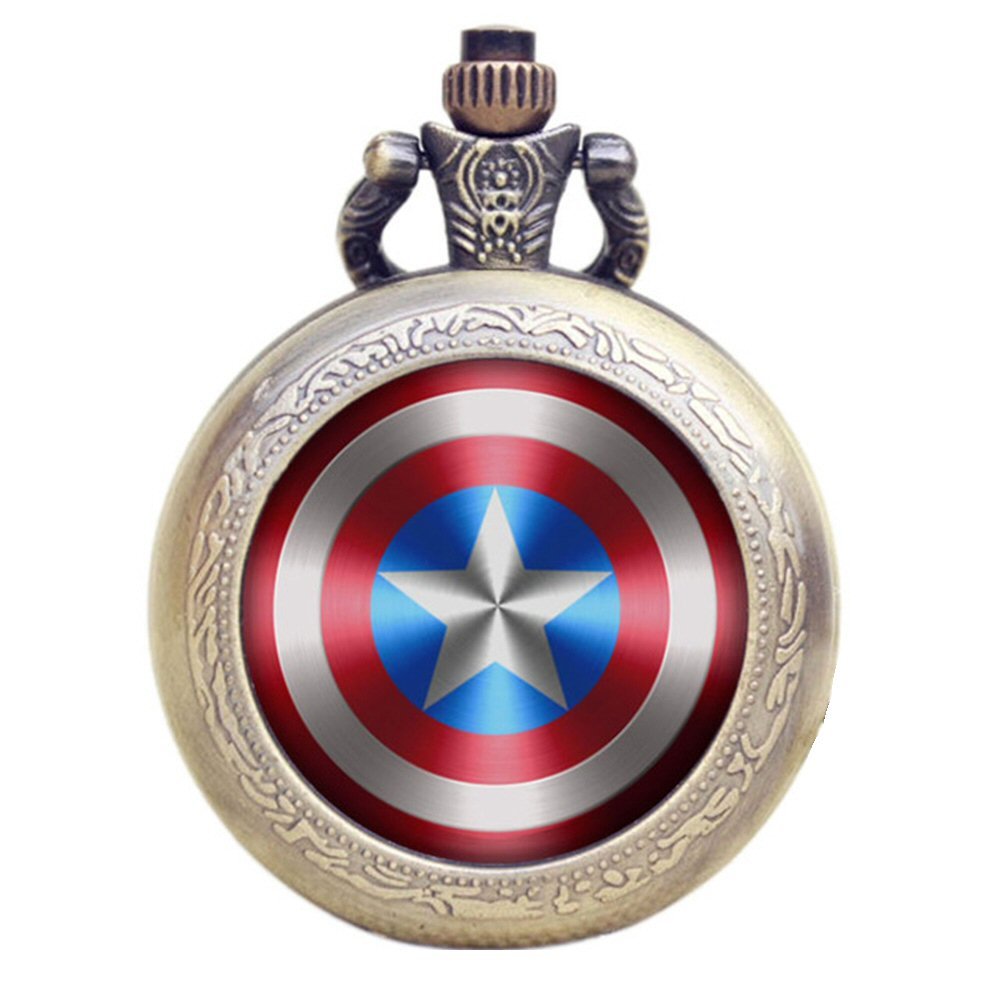 Designer Inspirations Boutique Captain America Shield Antique Bronze Effect Retro/Vintage Case Men's Quartz Pocket Watch Necklace - On 32" Inch/80cm Chain