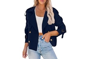 Women Crop Double Breasted Trench Coat Raglan Sleeve Work Office Cropped Jacket Fall Winter Outerwear with Pockets Navy