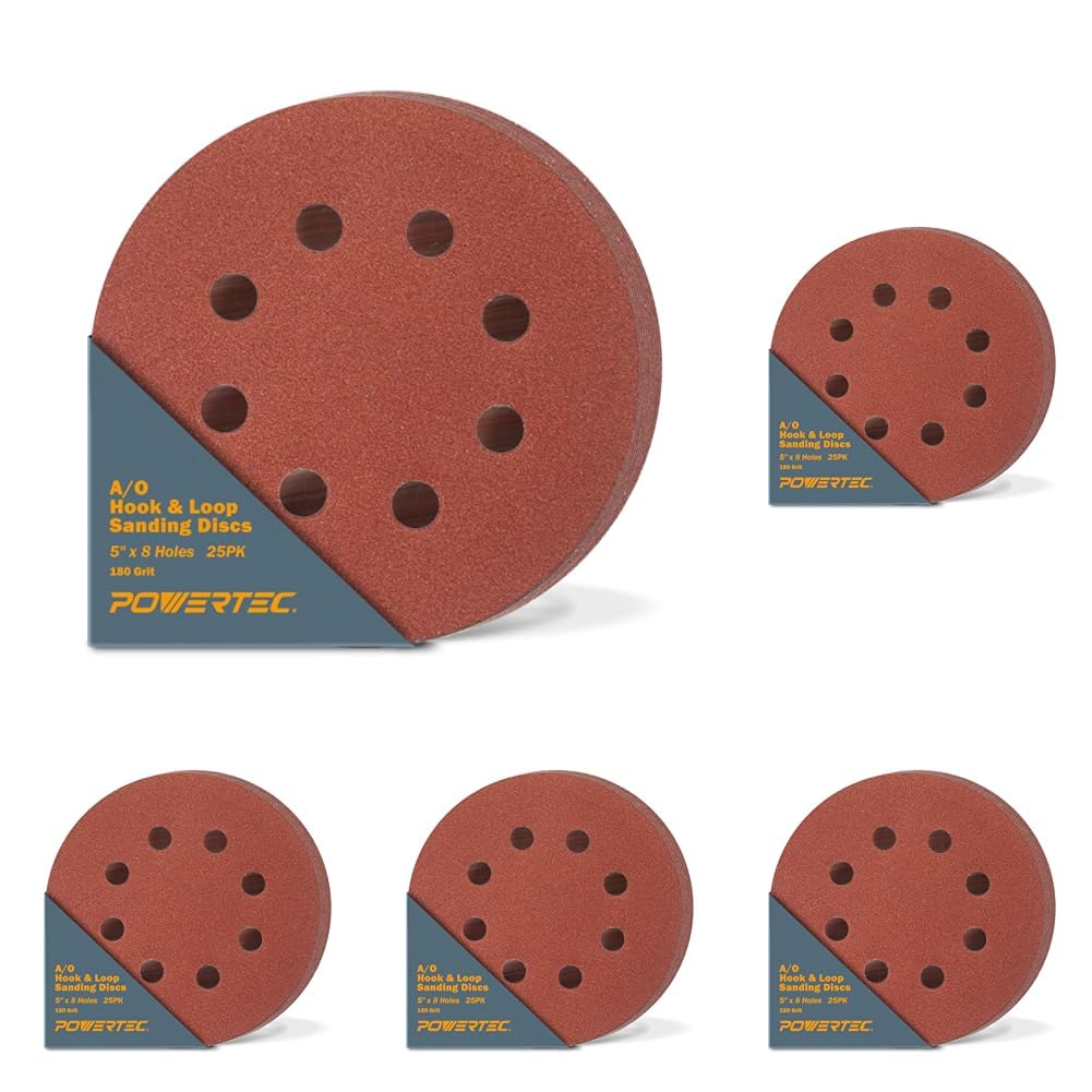 POWERTEC 45018 5 Inch 8 Hole Hook and Loop Sanding Discs, 180 Grit, 25 PK, Sandpaper for Random Orbital Sanders (Pack of 5) Image