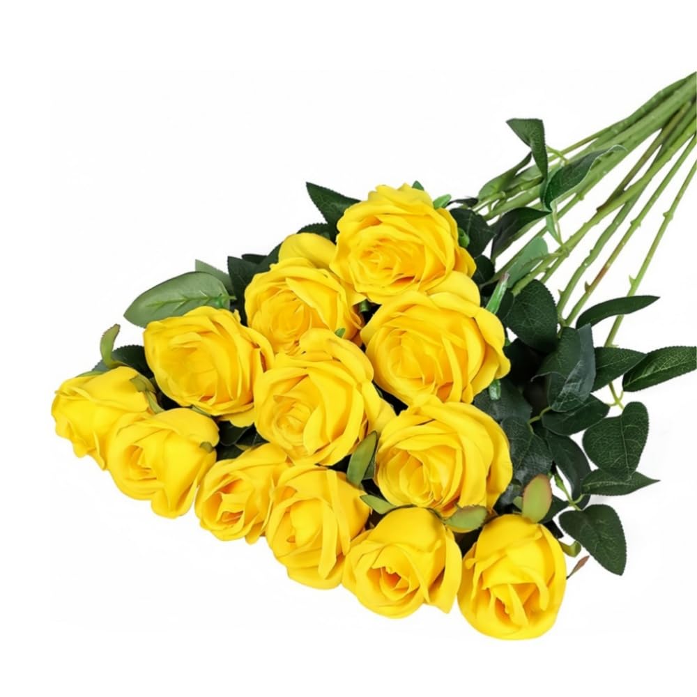 10 Pcs Artificial Roses, Yellow Fake Roses Artificial Flowers, with Stems Fake Artificial Yellow Roses Silk Flowers, for Home Garden Party Hotel Office Decor — image 1