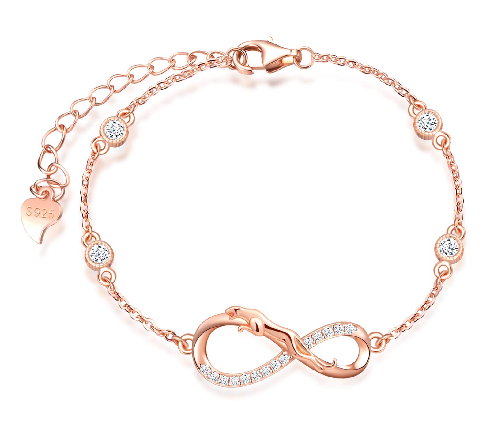 INFINIONLY Women's 925 sterling silver bracelet cheetah and infinity symbol bracelet, Inlaid zircon, rose gold, animal jewelry-sets