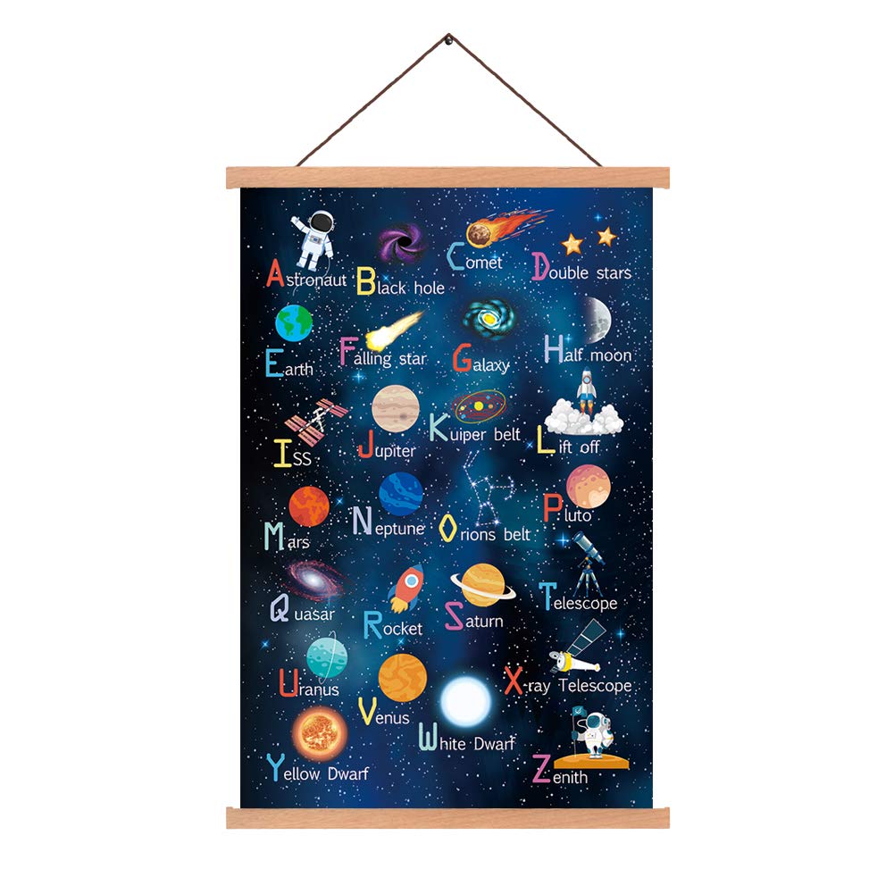 KAIRNE Outer Space Art Print With Wood Magnetic Poster Hanger Frame, Abstract Universe Educational Poster,Astronomy Alphabet Letters Canvas Wall Art,40X64CM Hanging Painting For Home Classroom Decor