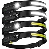 Nessciera Rechargeable LED Headlamp, 400 Lumens, 230° Wide Beam, USB-C, IPX4, 5 Modes — Lightweight, Adjustable Headband; Hard Hat Clips for Camping, Hiking, Running, Repairs & Gift (4 pack, Black)