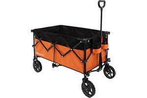 Moon Lence Collapsible Folding Wagon Cart Heavy Duty Folding Garden Portable Hand Cart with All-Terrain Beach Wheels, Adjustable Handle & Drink Holders (Orange)