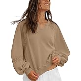 MAOECO Womens Oversized Sweatshirts V Neck Lace Crochet Lantern Long Sleeve Pullover Cropped Tops Fall Outfits Clothes
