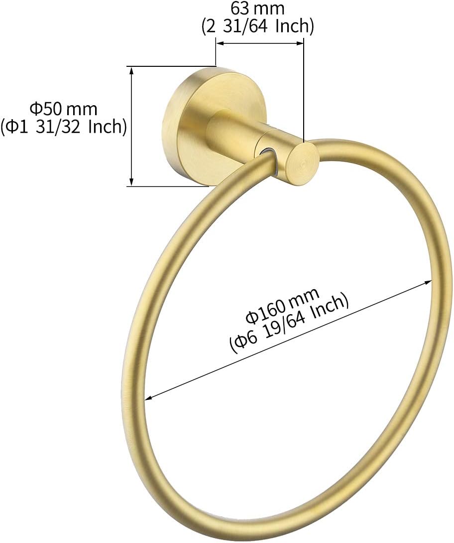 KES Brushed Gold Towel Ring Bathroom Hand Towel Holder Round No Drill Wall Mount SUS 304 Stainless Steel Brushed Brass Finish, A2180DG-BZ - - 