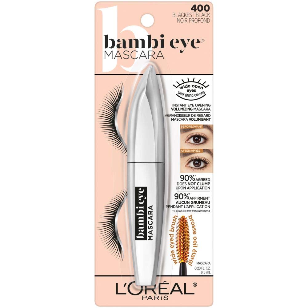 L'Oreal Paris Bambi Eye Washable Mascara, Doe Eyes, Lasting Volume, Length & Lift, Definition, No Clumping, No Smudging, Washable Blackest Black, 0.28 Fl. Oz., 1Count : Beauty