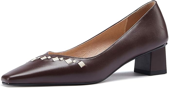 Amazon Chicull チカル レディース パンプス 編み 牛革 手造り 4cm チャンキーヒール スクエアトゥ シューズ ローヒールパンプス 靴 美脚 レザー 本革 婦人靴 Chicull パンプス