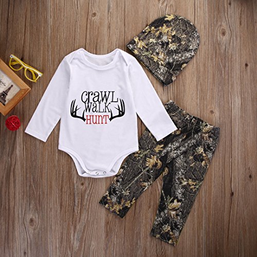 3Pcs Baby Girls Boys Outfits Set Long Sleeve Romper+Long Pants with Hat(90cm/6-12 Months)