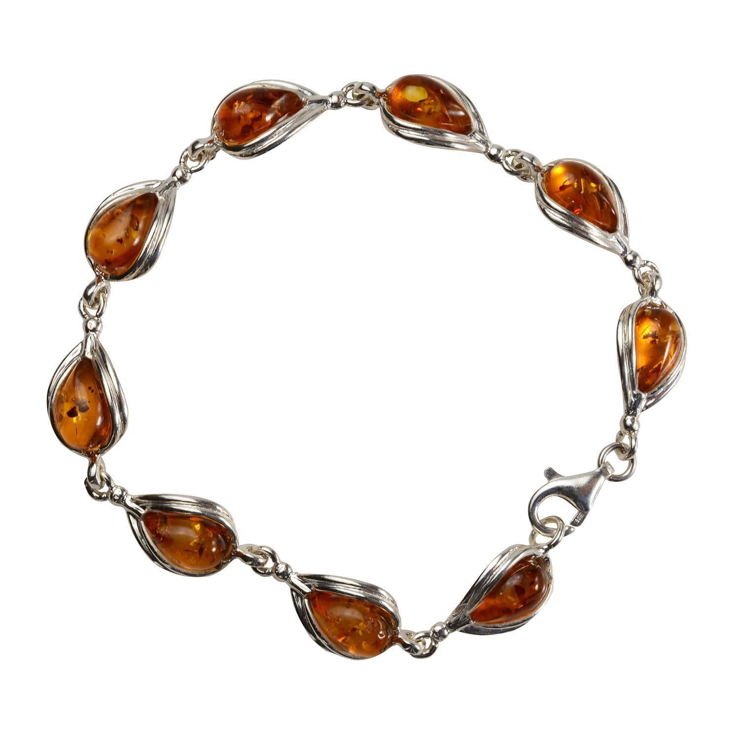 HolidayGiftShops Sterling Silver 7.3 inch Baltic Honey Amber Pear-Shaped Bracelet