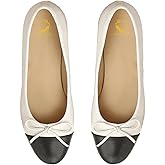 SHODENSE Women Cap Toe Bow Flats Two Tone Slip On Ballet Flats Comfy Closed Round Toe Flats Colorblock 1 Inch Low Flat Heel Dress Shoes Chic Casual Driver Flats Matte White 10 M US