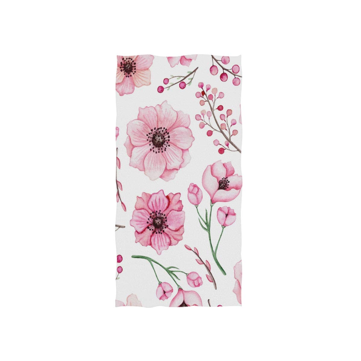 Naanle Watercolor Floral Pastel Print Pink Flower Berry Pattern On White Soft Bath Towel Absorbent Hand Towels Multipurpose for Bathroom Hotel Gym and Spa 30"x15"