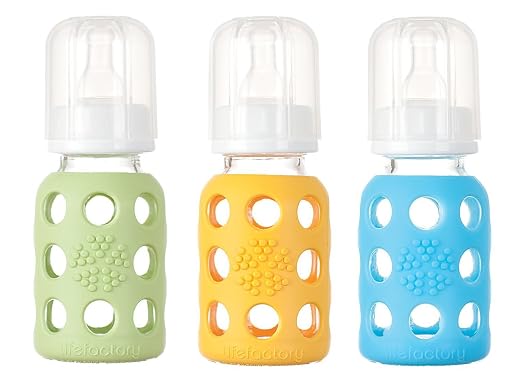Lifefactory Glass Baby Bottle with Silicone Sleeve 4 Ounce - 3 Pack (Green/Ye...