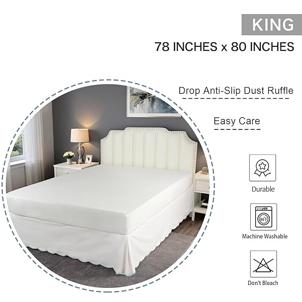 HIG OFF WHITE CHIC KING BED SKIRT – EASY FIT SCALLOP EDGE PLEATED BEDSKIRTS, 14 INCH DROP ANTI-SLIP DUST RUFFLE, THICK FABRIC FOR ENHANCED PRIVACY, PRE-WASHED FOR LONG-LASTING USE(N60022)
