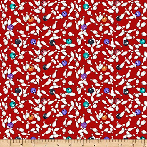 QT Fabrics Bowl-A-Rama Bowling Pins & Balls Toss Fabric, Red, Fabric By The Yard
