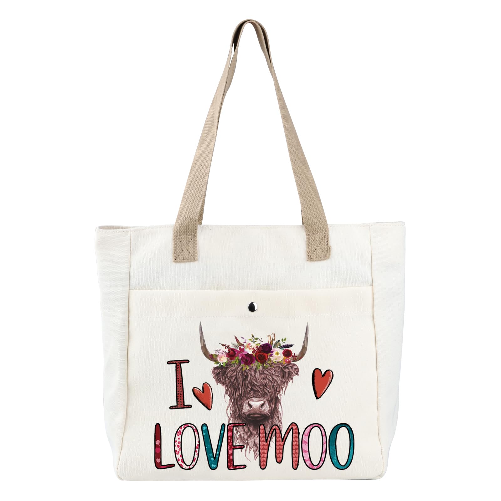 PLITI Highland Cow Tote Bag Highland Cow Lover Gift I Love Moo For Scottish Highland Cow Fan Gift Cowgirl Gift Cow Farmer (I Love Moo TBU)