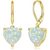 CiNily Heart Opal Earrings Leverback Drop Earrings for Women Hypoallergenic, Pendant Earrings 14K White Gold/Rose Gold Dangle Earrings Opal Hoops Birthday Wedding Mothers Day Jewelry Gifts