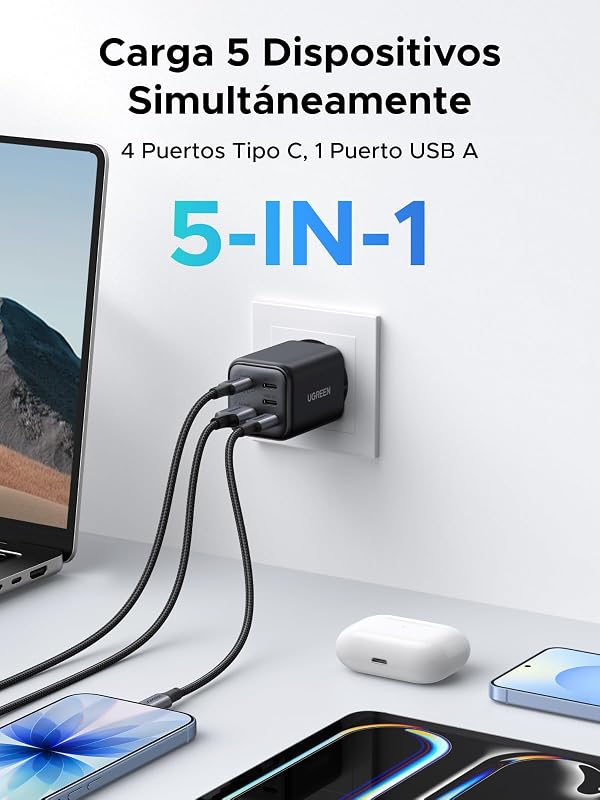 45W Cargador USB C Carga Rapida PPS 5 Puertos GAN Enchufe de Pared