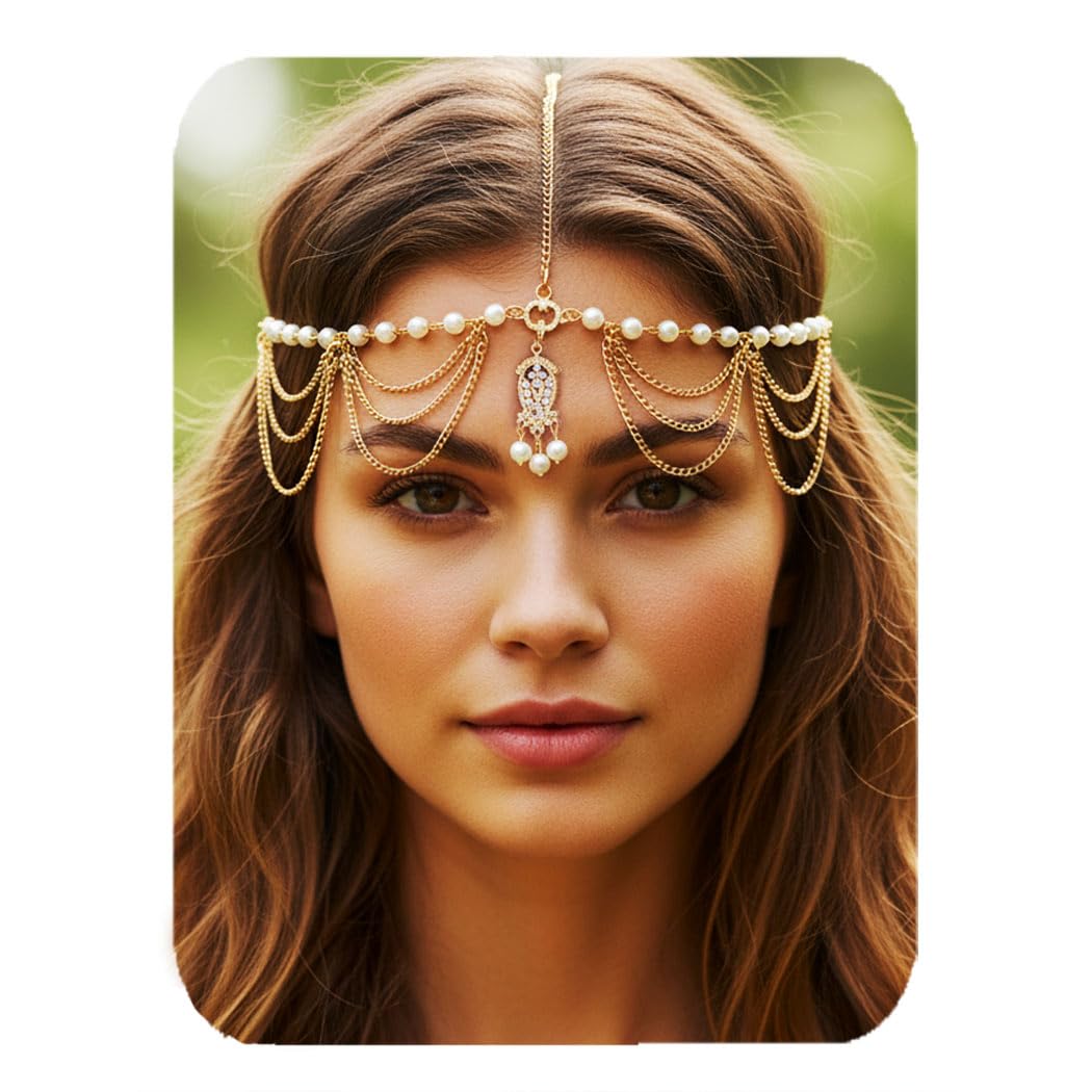 Zoestar Bridal Pearl Head Chain Gold Crystal Pendant Headpiece Boho Festival Headband Wedding Hair Jewelry for Women and Girls