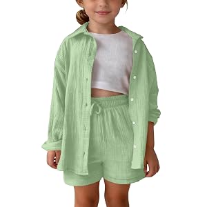Girls 2 Piece Summer Outfit Kids Pleated Set Cotton Linen Button Down Jacket Baggy Drawstring Shorts Set Summer
