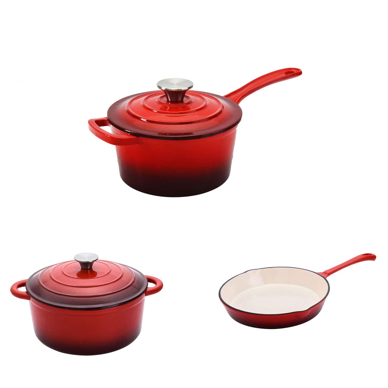 Hamilton Beach Cast Iron Round Sauce Pan with Dutch Oven Pot and Frying Pan, Red