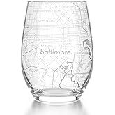 Well Told Engraved Baltimore Maryland Map Stemless Wine Glass, Etched Glass (15 oz, Clear) City Custom Gifts for Lovers