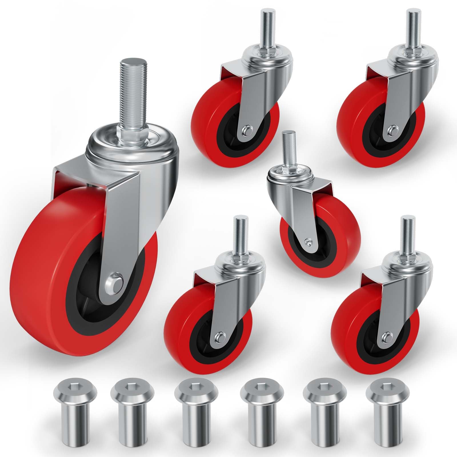 Photo 1 of MySit 6 Pack Creeper Wheels 2.5 Inch Heavy Duty Swivel Caster Wheel Creeper Service Cart Stool Post Mount, M10 (Around 3/8") x 1" Metric Threaded Stem Casters Wheels Replacement