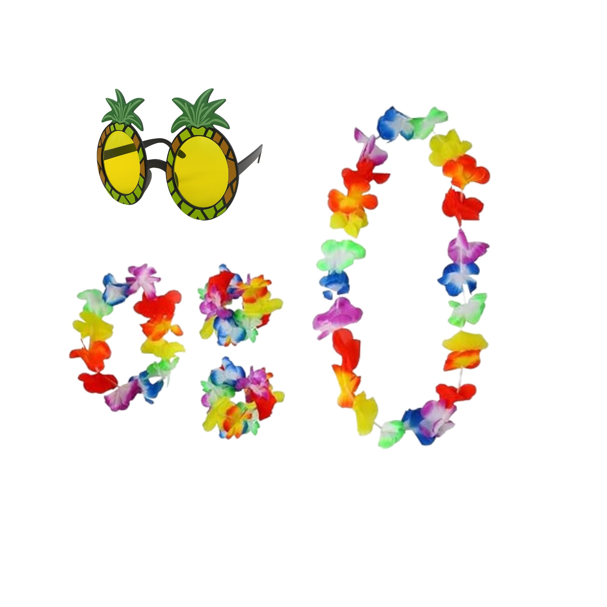 Pineapple Sunglasses & 4pc Hawaiian Multi-Coloured Lei Flower Garland Fancy Dress Set