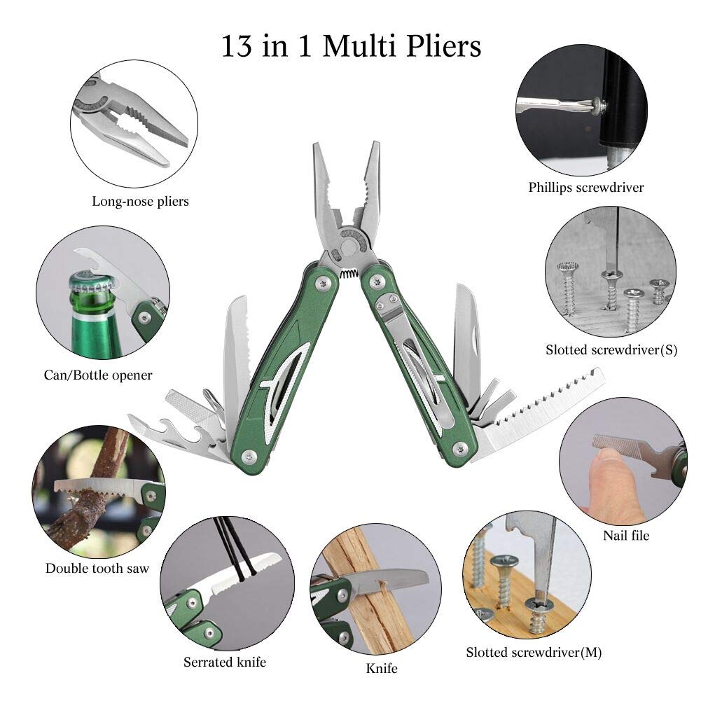 Multitool Pliers with Anodized Aluminum Handle, 13 in 1 Multipurpose Stainless Steel Survival Kit with Safety Lock,Saw,Serrated Knife, Screwdriver,Wire Cutter for Outdoor Camping, Hunting