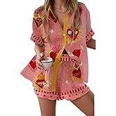 Akivide Women's Summer Graffiti Graphic Beachwear 2 Piece Set Hawaiian Short Sleeve Button Down Shirt and Casual Shorts