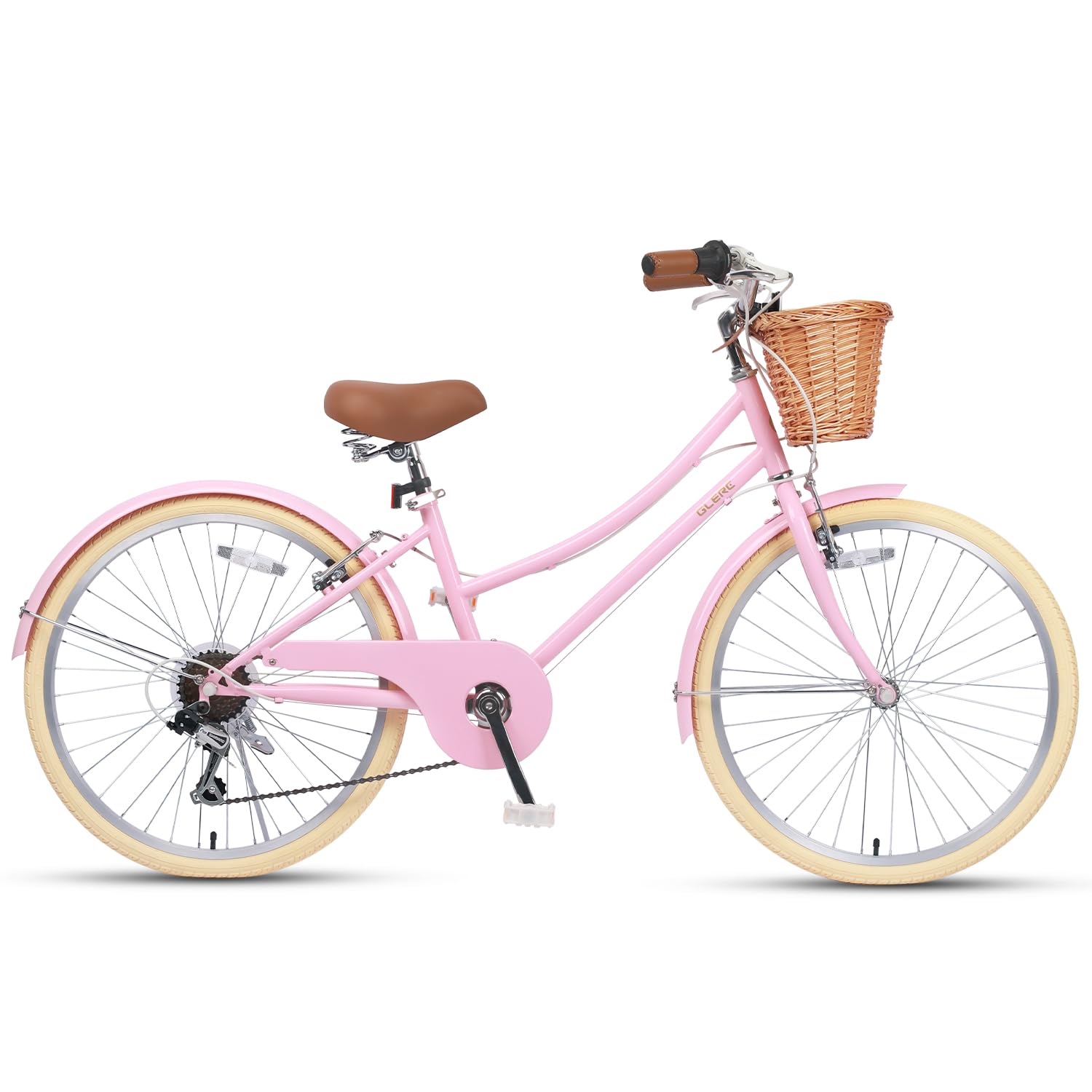 Glerc 20 24 26 Inch Beach Cruiser Bike, 6-Speed Hybrid City Bicycle for Girls Youth and Over 6 Years Old, Missy Bike with Wicker Basket & Lightweight, Multiple Colors