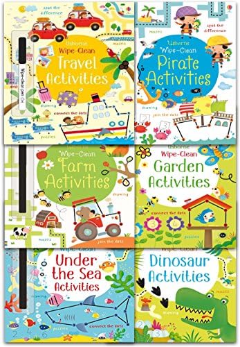 Usborne Wipe Clean Activities Collection 6 Books Set With Marker Pen (Farm, Pirate, Dinosaur, Under the Sea, Garden, Travel Activities) Paperback – January 1, 2018