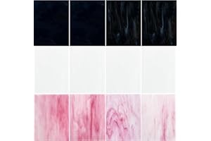 ILLUCKAI 12 Sheets Black + White +Pink Stained Glass Sheets, 4 x 6 inch Stained Glass Supplies Mosaic Glass Pieces Tiles for Mosaic Art Crafts