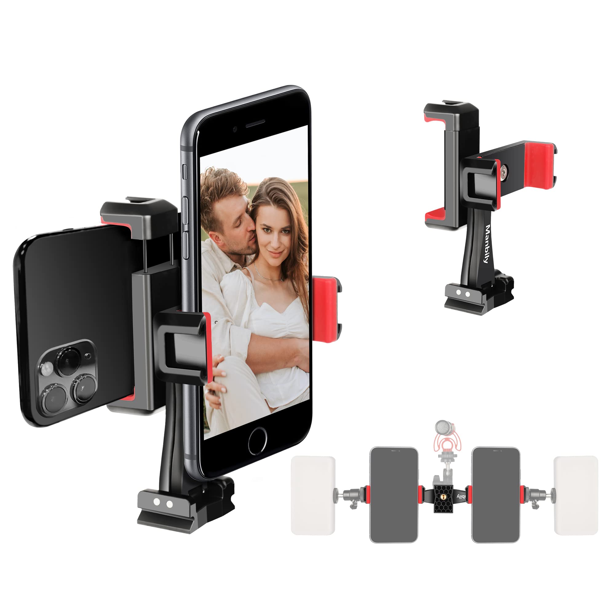 Manbily Dual Double Cell Phone Holder Clip Phone Tripod Mount Adapter 360° Rotatable Adjustable Clamp with 4 Cold Shoe, 1/4'' Screw Fits Tripod Monopod Selfie Stick Vlog Live Streaming Video Recording