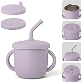 Bakpoco 4-in-1 Stainless Steel Silicone Sippy Cup, 8.5oz Toddler Open Cup with Straw, Sippy & Snack Lids, For Baby Led Weaning, Toddlers 1-3 Years Trainning Kids Drinking, Dishwasher Safe, Lilac
