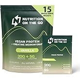 Nutrition On The Go Vegan Protein Powder Packets with Creatine – 20g Plant Proteins + 5g Creatine – Single-Serve Travel Protein Powder – All-Natural, Gluten-Free – Vanilla – (15-Pack)