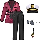 Men's Red Silk Robe Jacket and Black Pants Halloween Costume with Captain Hat Sunglasses Pipe Couples Cosplay Set