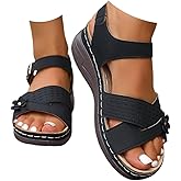 Orthopedic Wide Sandals for Women 2026 Dressy Strappy Arch Support Flat Wedge Sandals Women Open Toe Ankle Strap Comfortable Platform Slip-On Walking Shoes for Summer Beach Casual