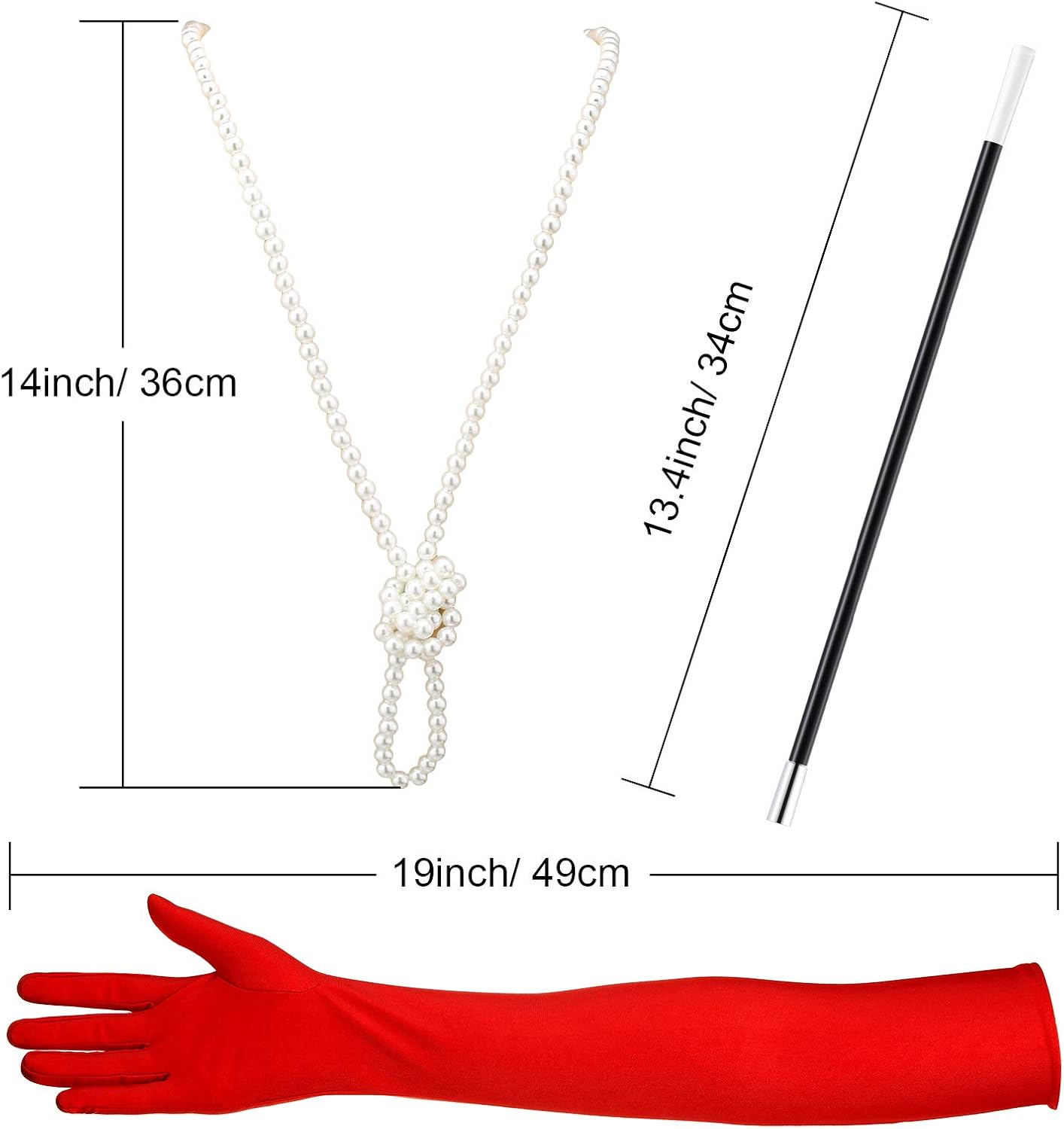 1920s Accessories Costume Fancy Dress Plastic Holder Pearl Beads Long Gloves Set (Red): Clothing