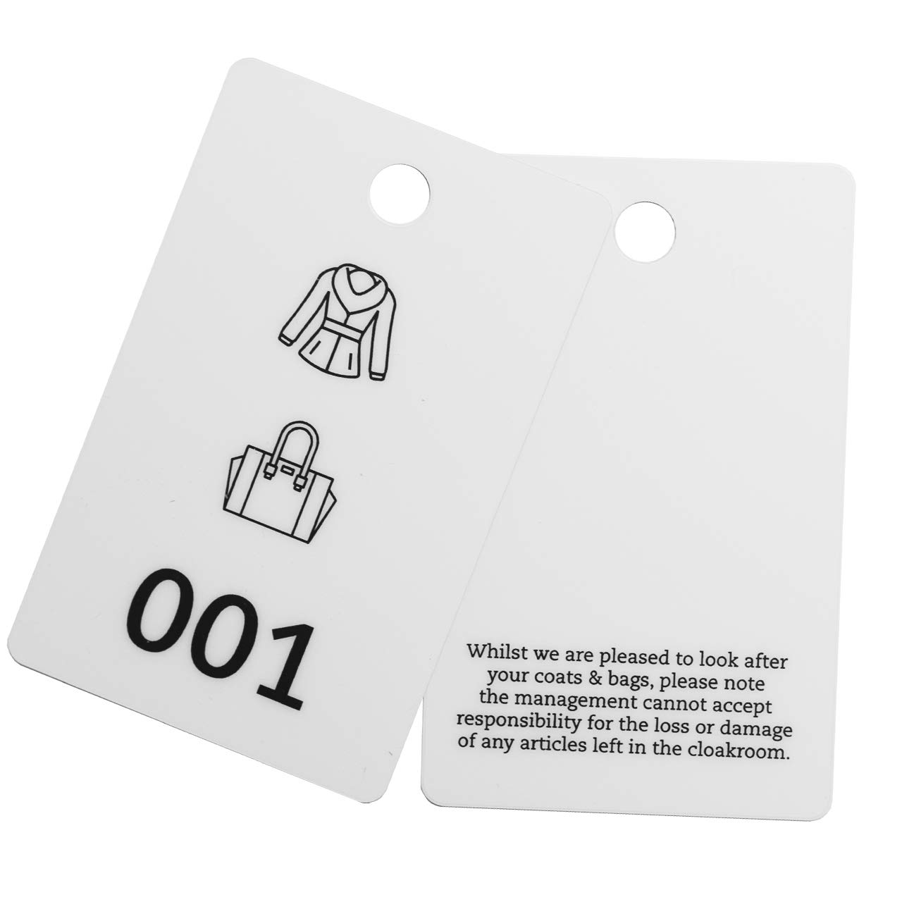 Plastic Cloakroom Tags, Coat & Bag Design, Pack of 100 Pairs with Standard Disclaimer on Reverse