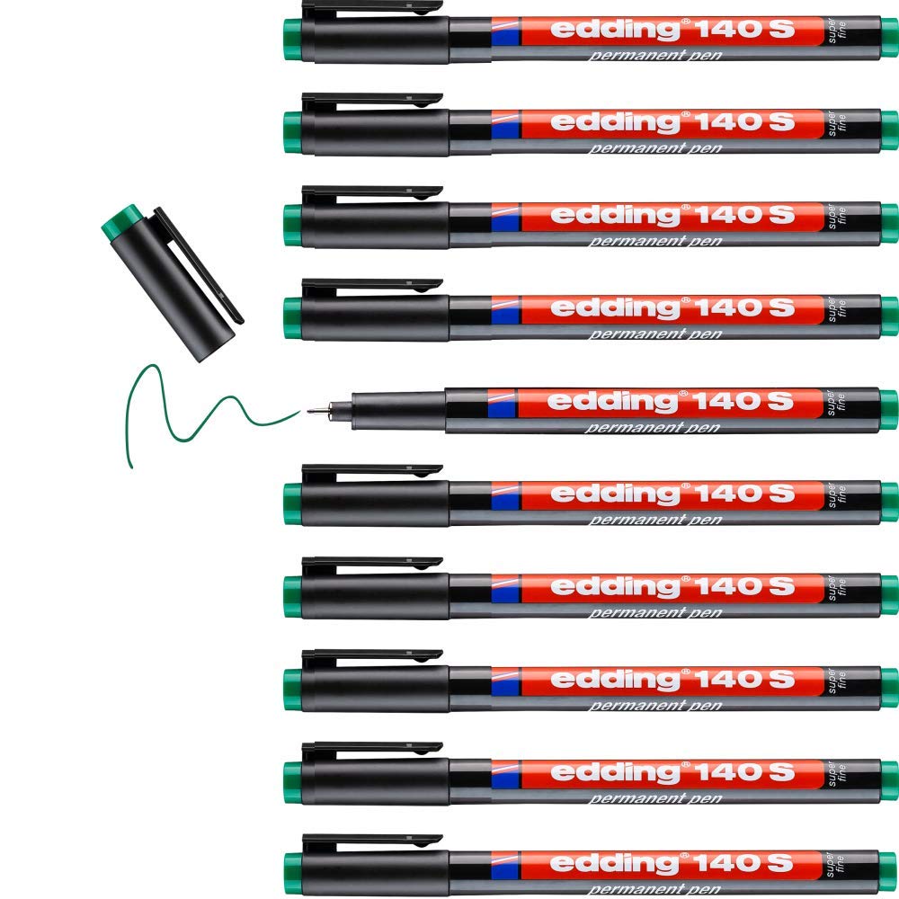 edding 140 S permanent pen - green - 10 pens - round nib 0.3 mm - pen for writing on glass, plastic, foils and smooth surfaces - permanent, quick-drying, smudge-proof and waterproof